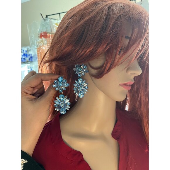 blue rhinestone earrings baby blue statement long big large crystal earrings - Picture 3 of 9